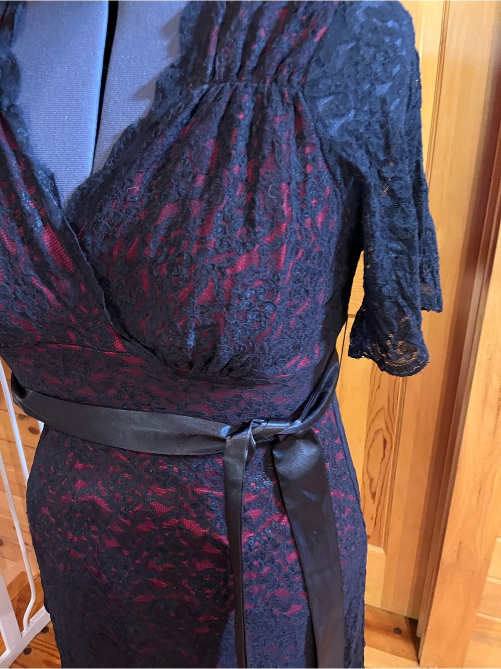 Kiyonna Black Lace Overlay on Red Midi Dress with Satin Tie